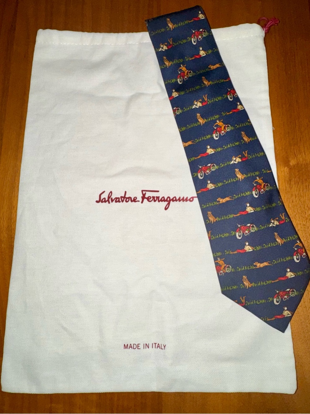 Vintage Salvatore Ferragamo Navy Silk Tie with Whimsical Print, Motorcycle, Dog
